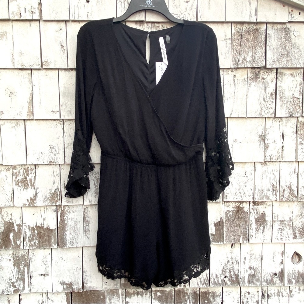 NY Collection Lace Belt Sleeves Black Romper